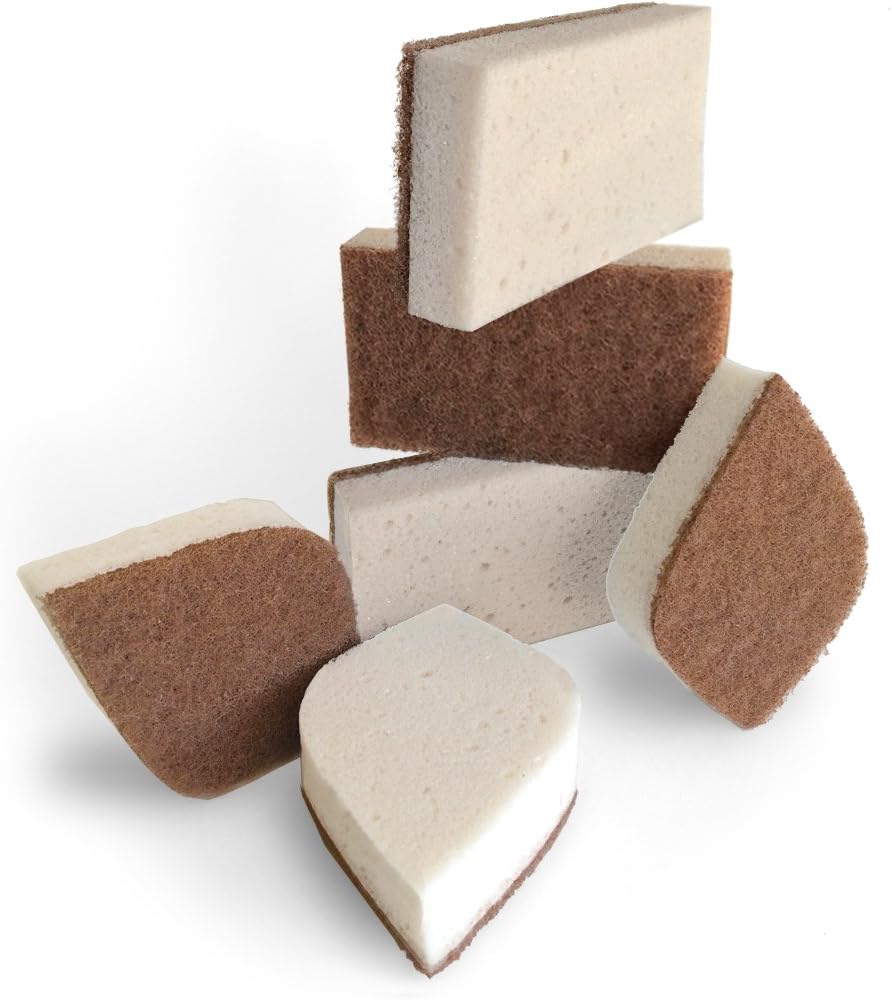 Pura Naturals Stink Free Sponge. Stay Fresh NO Odor Guarantee! Eco Kitchen / Household / Dish Sponges w/Walnut Scrubbers, Cleans Kitchen Cooking Oils and Grease, 40x More Durable. (6)
