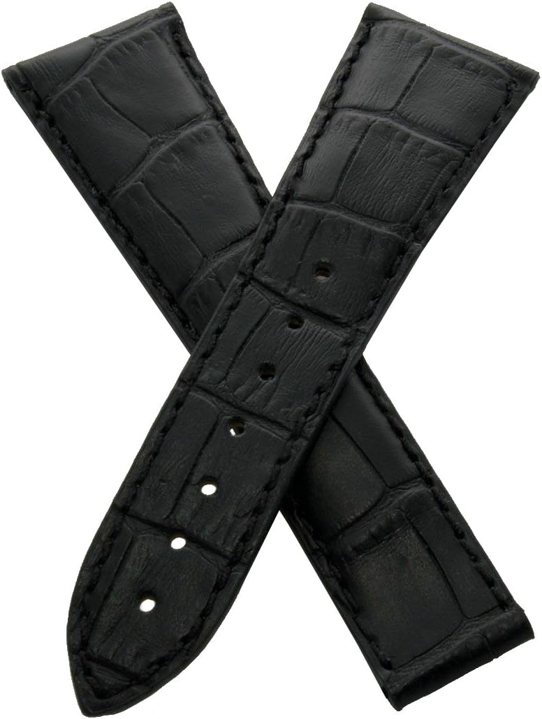 Watchstrapworld OM-RM2418-01-0131-24 mm Black Leather Alligator-Style Deployment Watch Band with Black Stitching Compatible with Omega Railmaster XXL Models