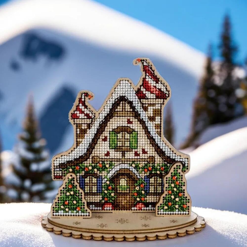 Wonderland Crafts Christmas House Cross-Stitch kit on Wood FLW-047