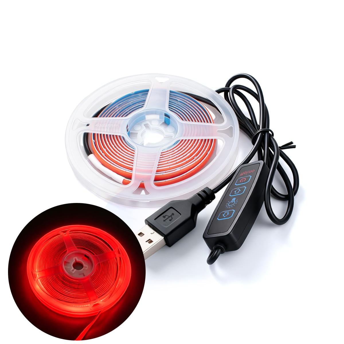 Innfeeltech 2M COB LED Light Strip, 5mm Width 5V Red 400LEDs/m Light Strip, USB Connector with Dimming Button
