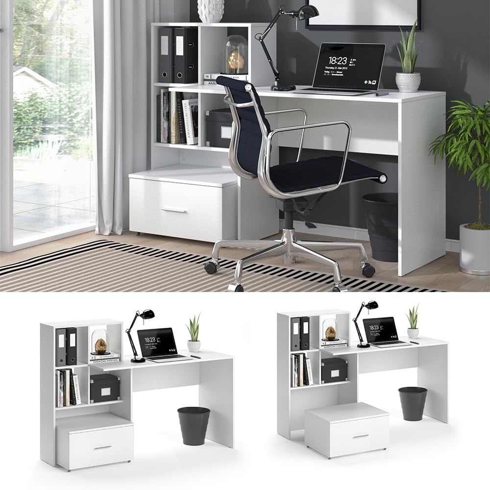 Vicco Scrivania Lorio, Bianco, 149.2 x 49.8 cm | con ripiano aperto e vano estraibile per appoggio