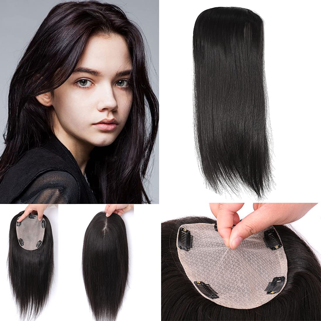 8" Short Straight Silk Base Human Hair Topper Add Extra Hair Volume 4.7x5.1" Women Toupee Human Hair Clip in Hairpieces Topper Hair Pieces Wiglets for Thinning Hair(Dark Brown)