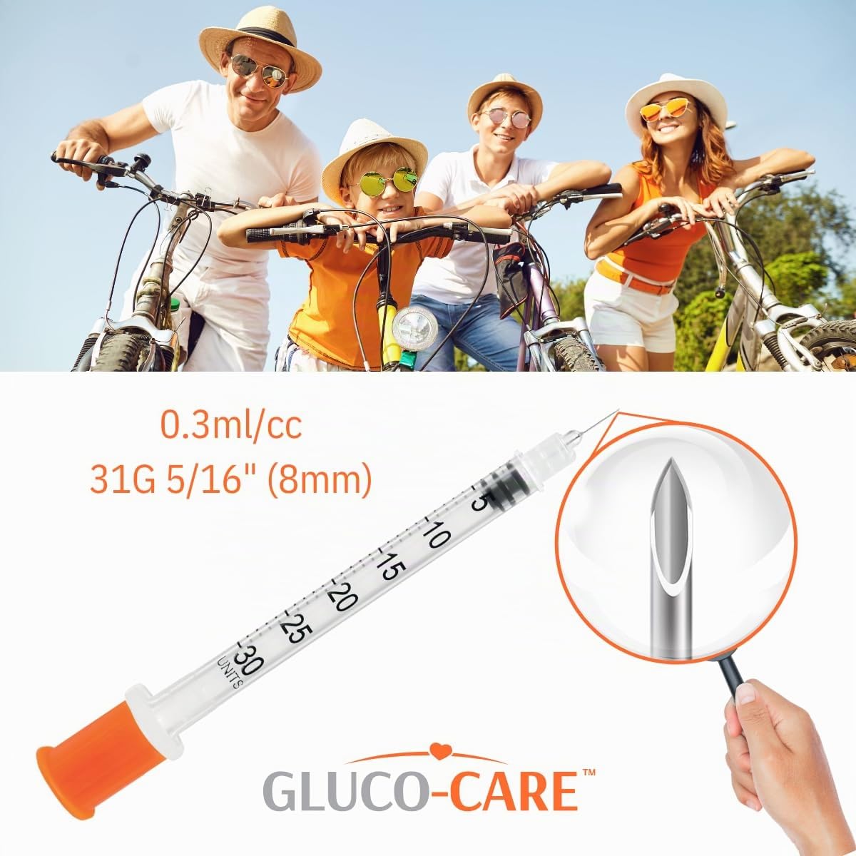 GLUCO-CARE Jeringas de 0.3 ml/cc de 31 g x 5/16 pulgadas (8 mm), tapa naranja, caja de 100 unidades