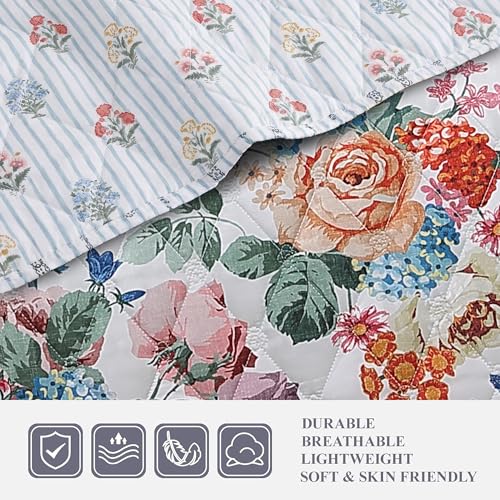 WRENSONGE Floral Quilt Set King Size, 3 Piece Reversible Lightweight Soft Bedspread Coverlet, Garden Farmhouse Botanical Diamond Stitched Bedding Set with 2 Pillow Shams for All Seasons — view 2