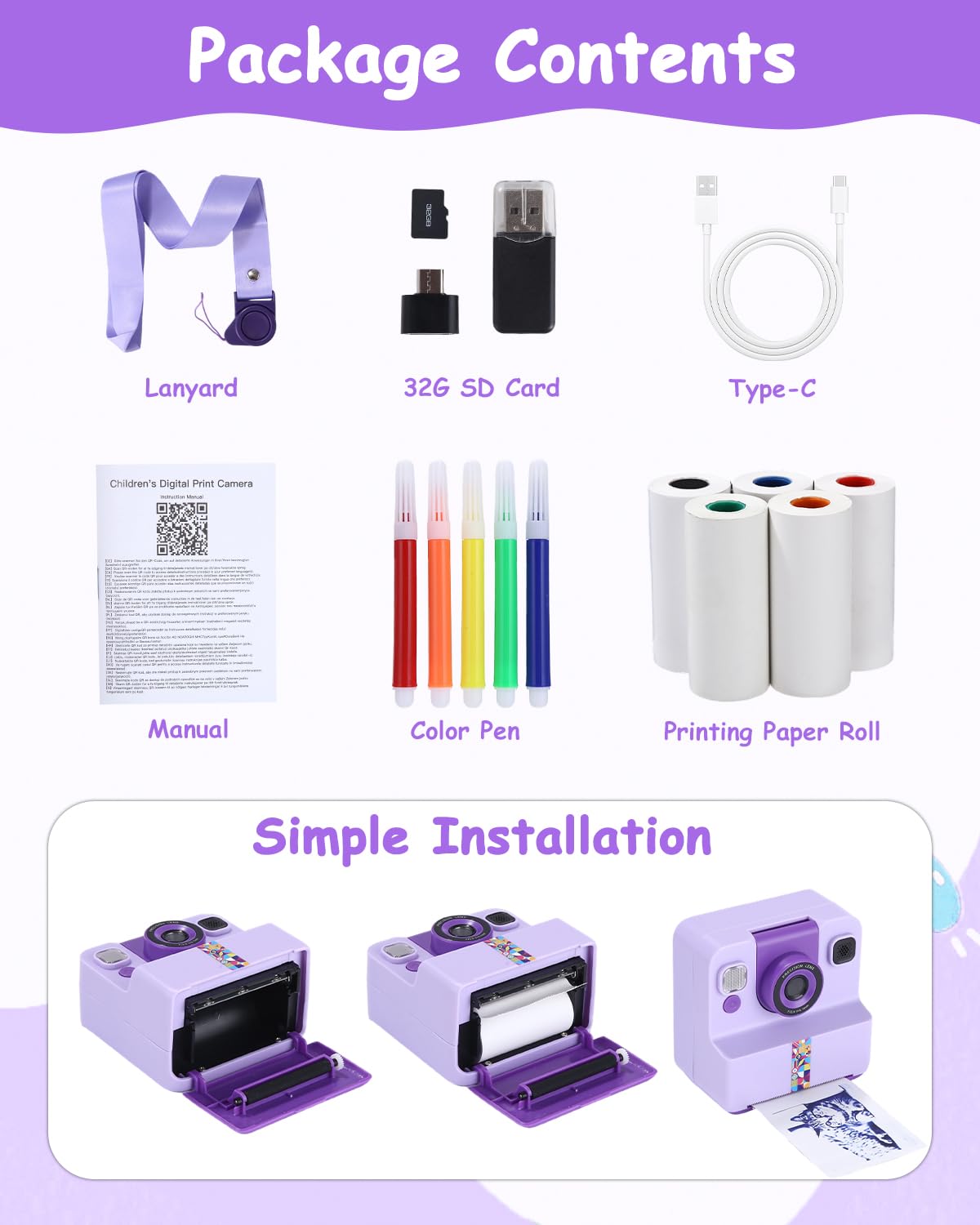Appareil Photo Enfant, Appareil Photo Instantané Enfant, Kit avec 5 Rouleaux de Papier, 2.4" Écran, Vidéo 1080P et Selfie, Carte 32 Go, Cadeau Créatif pour Fille Garçon 3-12 Ans, Violet