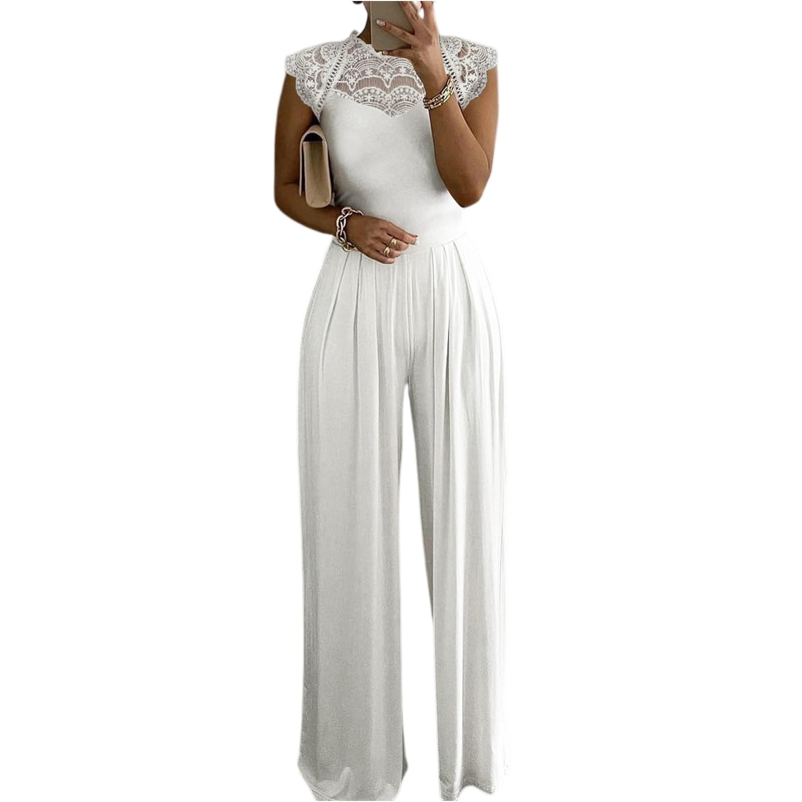 Ansenesna Jumpsuit Damen Elegant Festlich Lang Overall Für Hochzeit Weites Bein Jumpsuits Für Damen Spitze Lange Beine Hosenanzug Business Einteiler Frauen Tailliert Stretch Romper Wide Leg