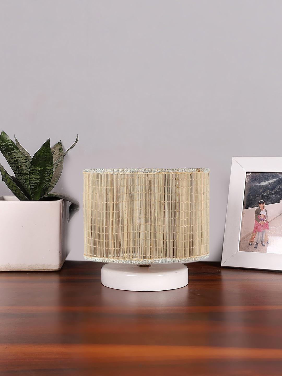 Devansh Round Bamboo Table lamp with White Wood Base -19