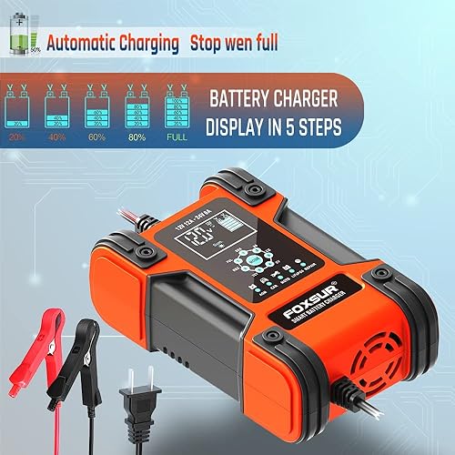 Miniatura 7 de FOXSUR - Cargador de batería inteligente de 12 V, 24 V, 12 A, para automóviles y camiones, carga totalmente automática de 7 etapas, pantalla LCD,