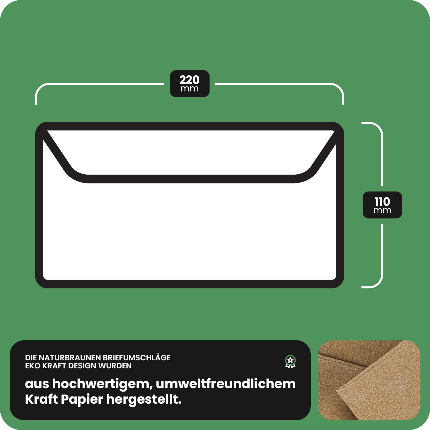 Netuno 500 kopert z papieru typu kraft, naturalno-brązowe, DIN podłużne, 110 x 220 mm, 120 g, EKO Kraft, eleganckie koperty z recyklingu, koperty z recyklingu, koperty z naturalnego papieru, koperty