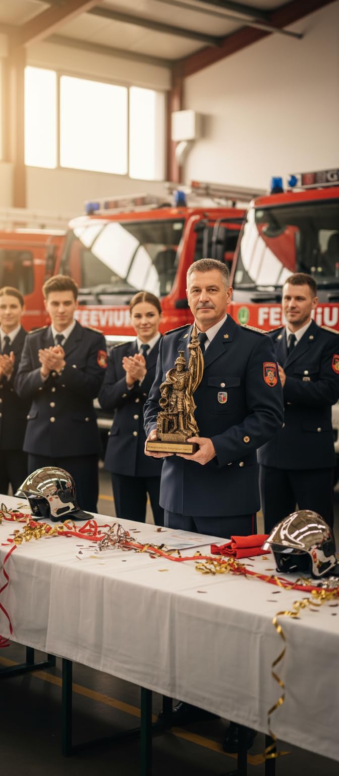Feuerwehr-Pokal St. Florian - 35 cm Trophäe Award Resinfigur Altgold | Personalisierbare Ehrengabe mit Wunschgravur auf Gravurschild, ideal als Auszeichnung für Feuerwehrleute und Ehrenamtliche