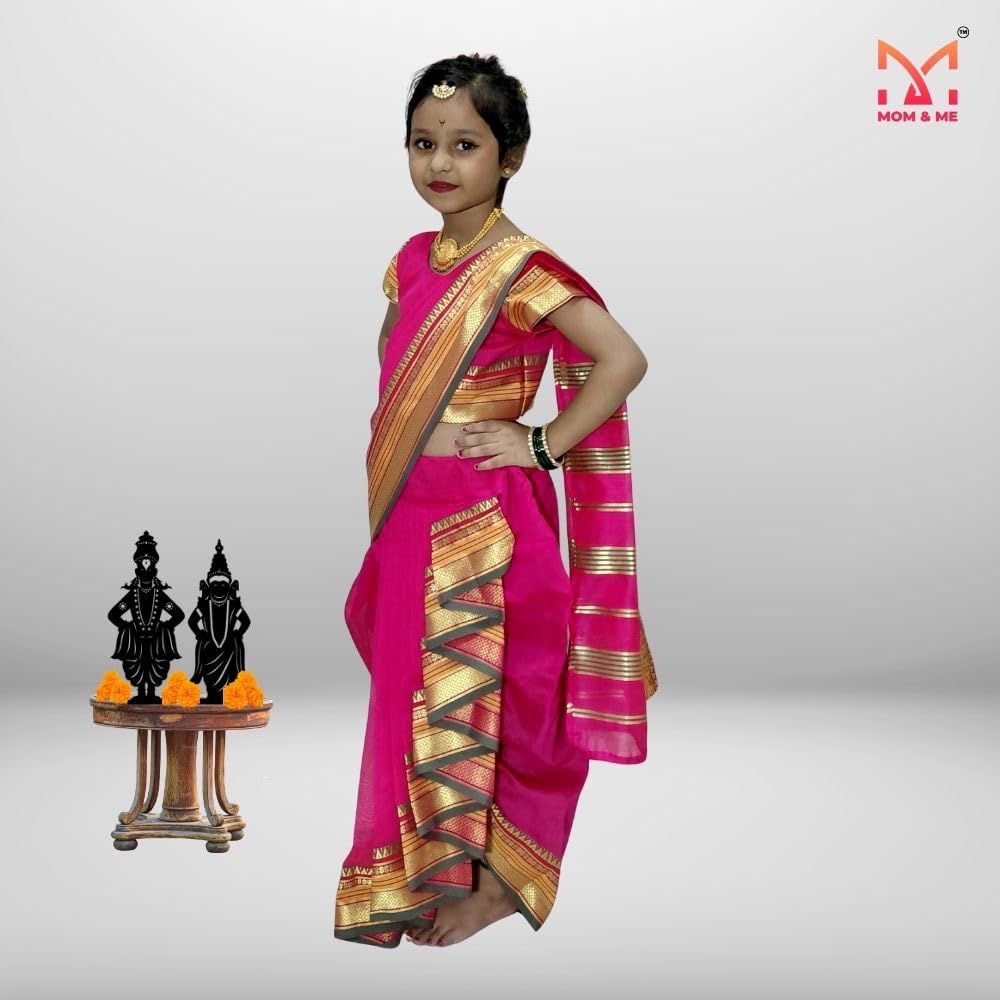 Mom and Me Girls' Ready-to-Wear Mastani Nauwari Saree with Stitched Blouse | Traditional Maharashtrian Ilkal Border | Soft Acrylic Cotton | Age 12 Months to 15 Years (Pink, 7-8 Years) - Image 2 thumbnail