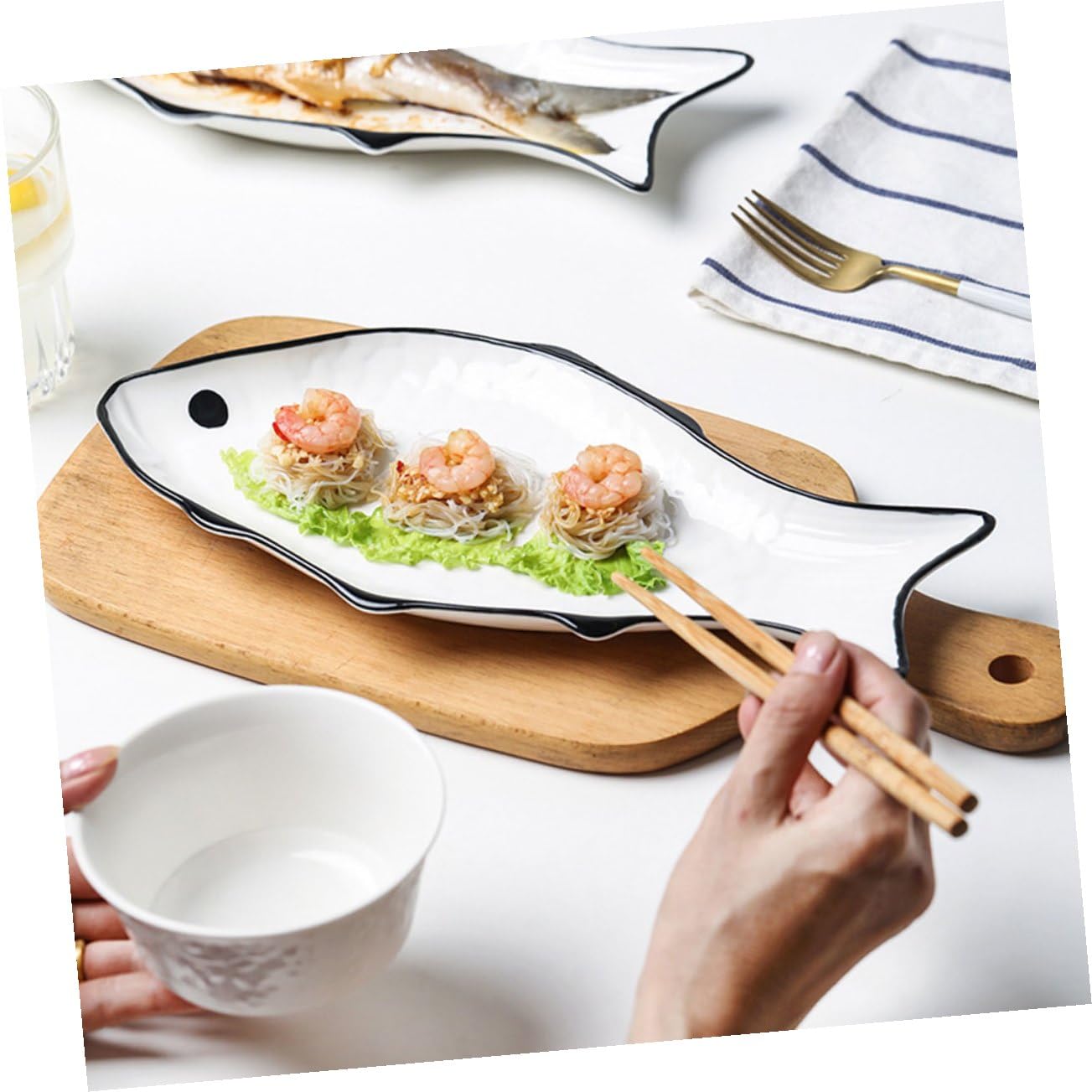 Uonlytech Plato para Cocinar Pescado al Vapor de Ceramica Soporte para Cocinar al Vapor Alimentos Plato para Servir Pescado Forma de Pez