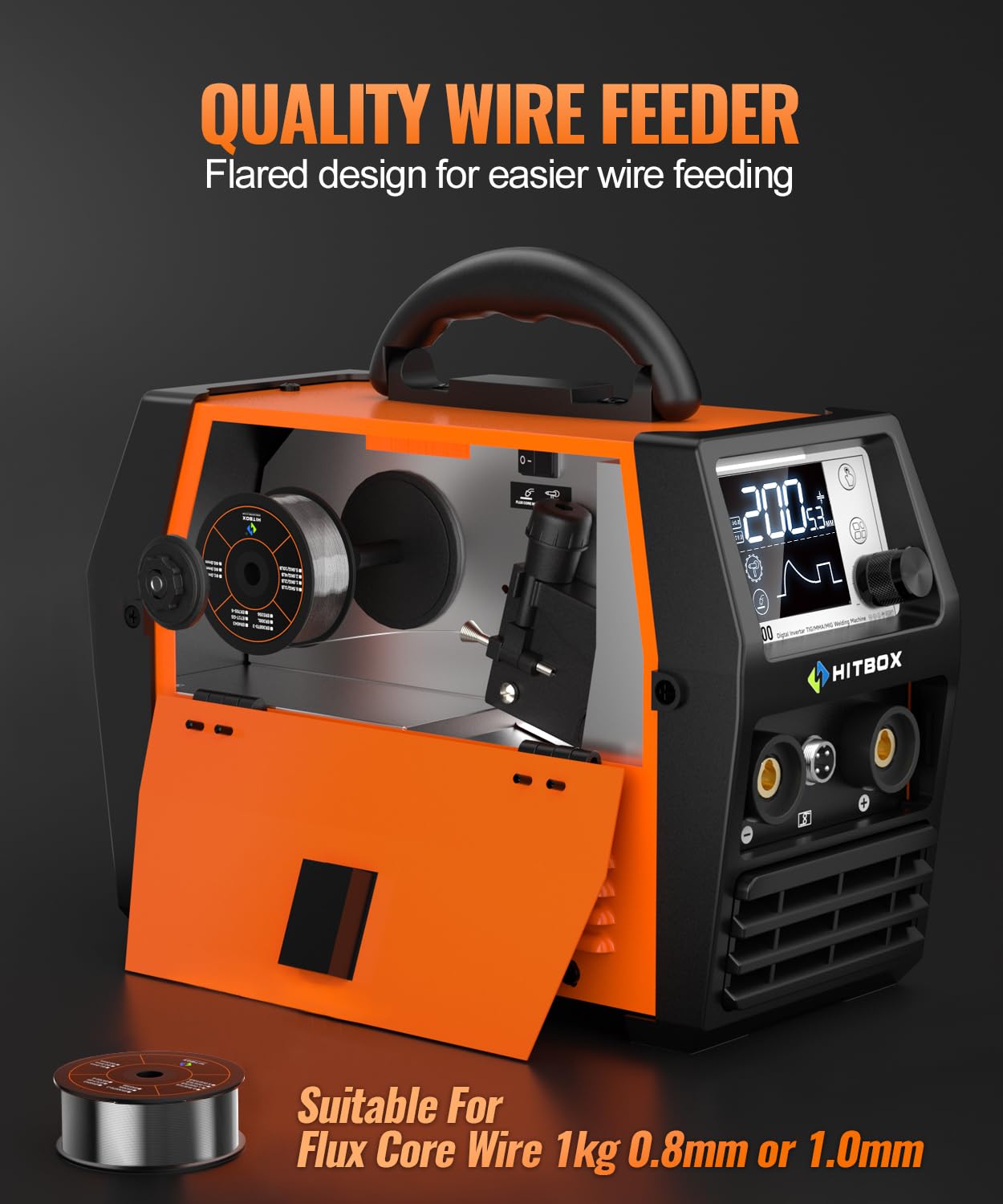 HITBOX Saldatrice a Filo 200A 4-in-1 Portatile - 230V MIG Senza Gas, ARC, LIFT TIG, Spool Gun, LED Display Digitale, Ideale per Principianti e Hobby(HIM200)