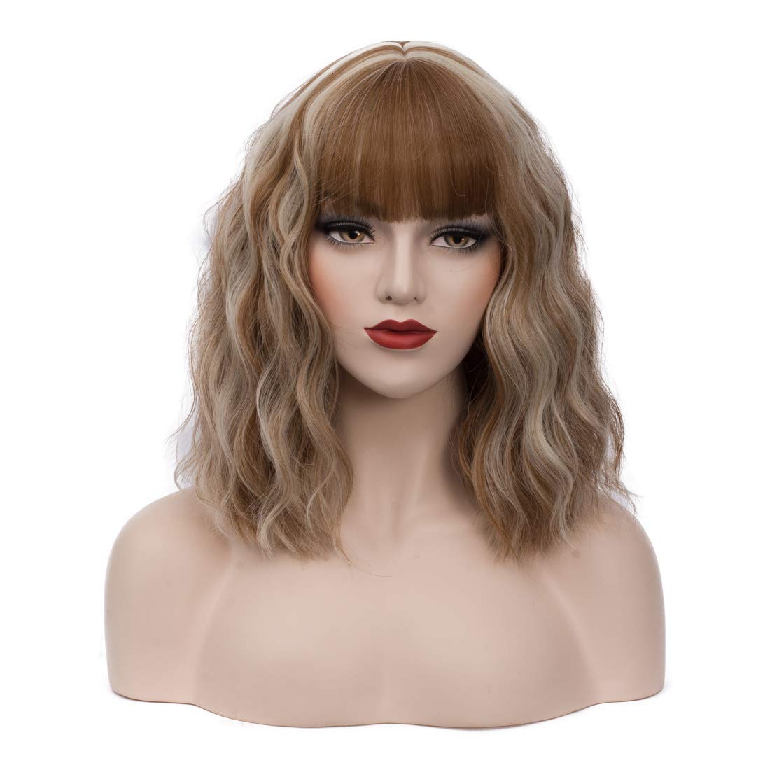 BUFASHION 14" Women Short Wavy Curly Wig Blonde Brown Bob Wig Cosplay Halloween Synthetic Wigs With Neat Bang Wig With Free Wig Cap (Blonde Brown 1)