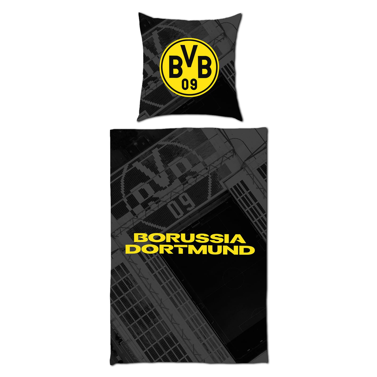 Dortmund BVB Biberbettwäsche Stadion 135 x 200cm | Stadion Luftbild Design, 80 x 80 cm Kissen, 100% Baumwolle, mit Tragetasche