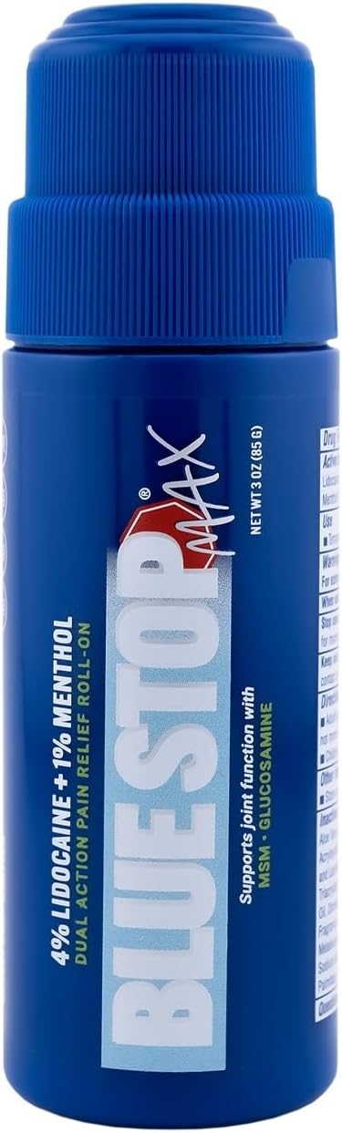Blue Stop Max Lidocaine Roll On Maximum Strength- 4% Lidocaine with 1% Menthol for Knee, Neck, & Lower Back, Nerve Discomfort - MSM, Glucosamine Formula for Joint Health