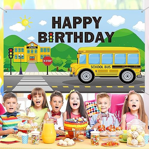Image of 1 pc Wheels Bus Theme Backdrop Cloth (6.5ft X 5ft) School Bus Theme Birthday Decoration Items Wheel On the Bus Background Curtain (Pack of 1, Multicolor)