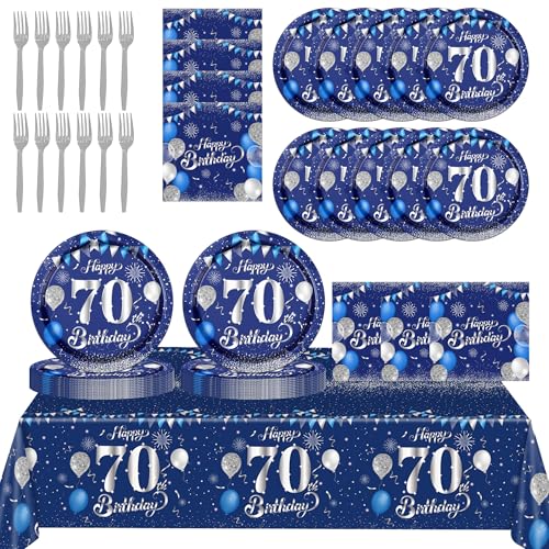 70th Birthday Decorations for Men 61Pcs Blue Silver 70th Birthday Decorations Tableware Include Happy 70th Birthday Plates and Napkins Tablecloth Forks for Men 70th Birthday Party Supplies Serve 20