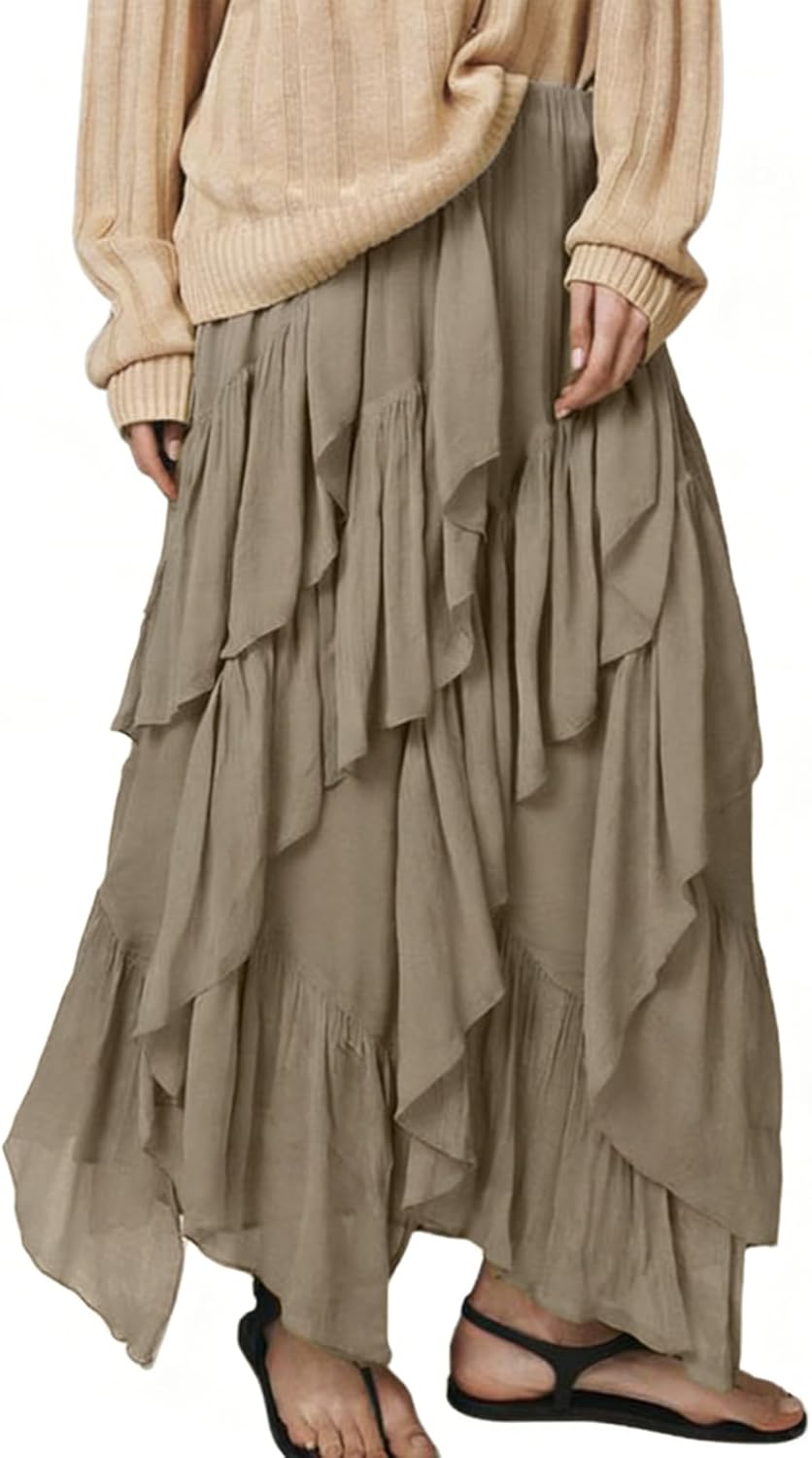 Wyeysyt Women's Ruffle Maxi Skirt Flowy Long Layered Skirts A Line Tiered Trendy Skirt