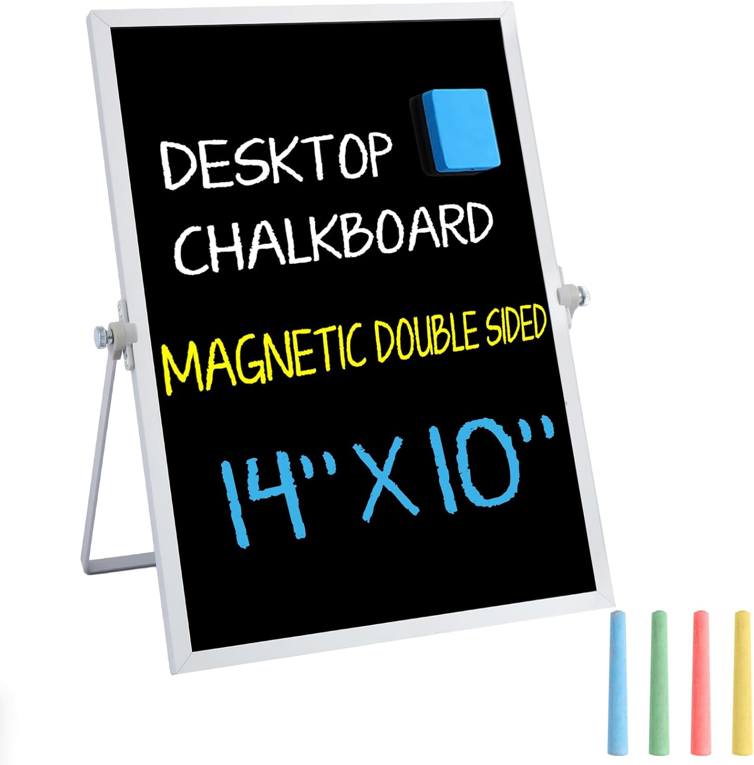 Small Magnetic Chalk Board Easel 10"X14", Double-Sided Tabletop & Wall Hanging Chalkboard with 4 Chalks & Eraser, Desktop Mini Black Board Sign for Office Desk Home Menu School