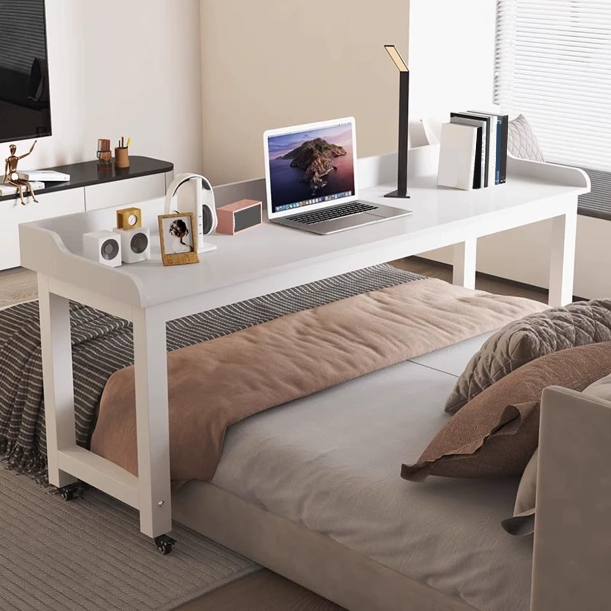 Stół do łóżka z kołami 360°, wózek na laptopa, biurko komputerowe, szpital i dom krzyżowy stolik krzyżowy, biały 120x40x80cm