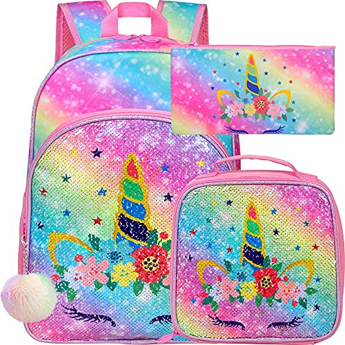 Wzlvo 3Pcs Unicorn Backpack For Girls, 16” Kids Sequin Bookbag, Elementary Preschool School Back Packs And Lunch Box #TOP22