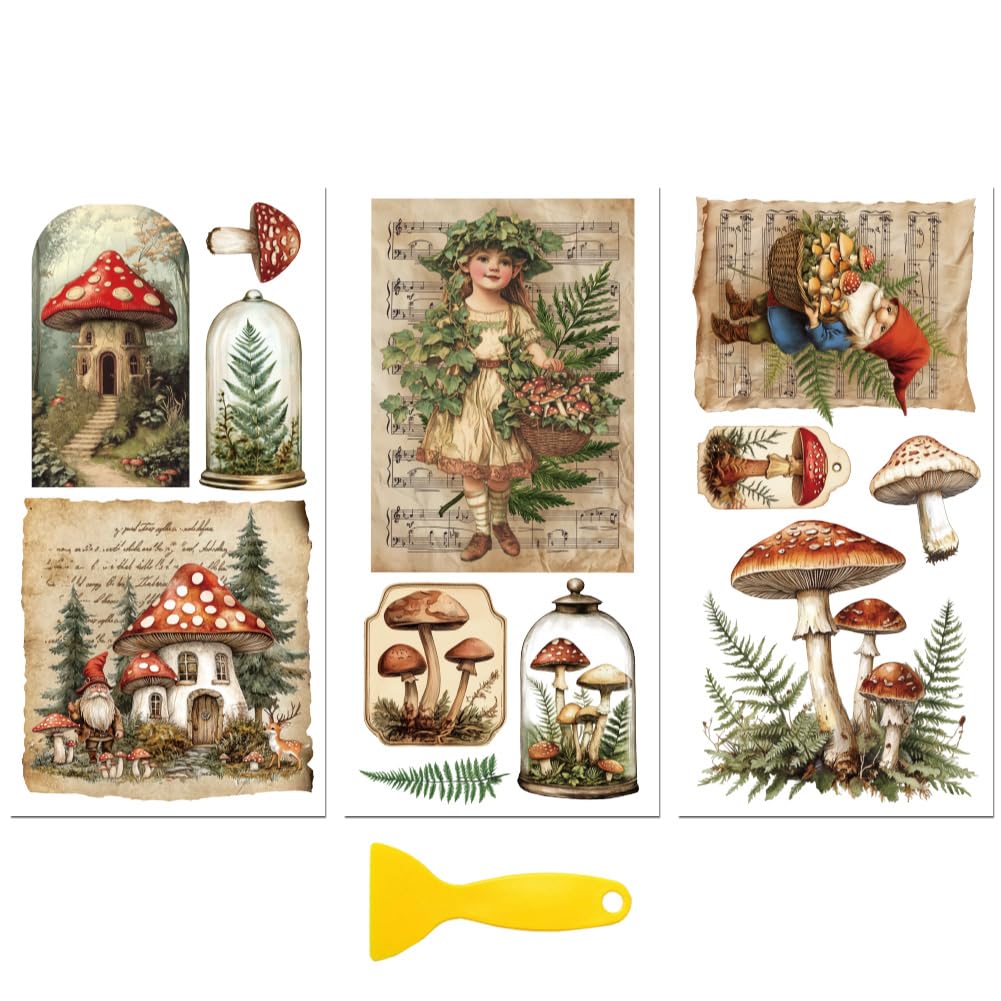 Peacoblue Rub on Transfer Decal Sticker for Furniture Craft Decor 6"x12" Vintage Mushrooms with Gnomes, 3Pcs Waterproof UV DTF Transfer for Drawer Dresser Glass Porcelain Wood Plastic Window