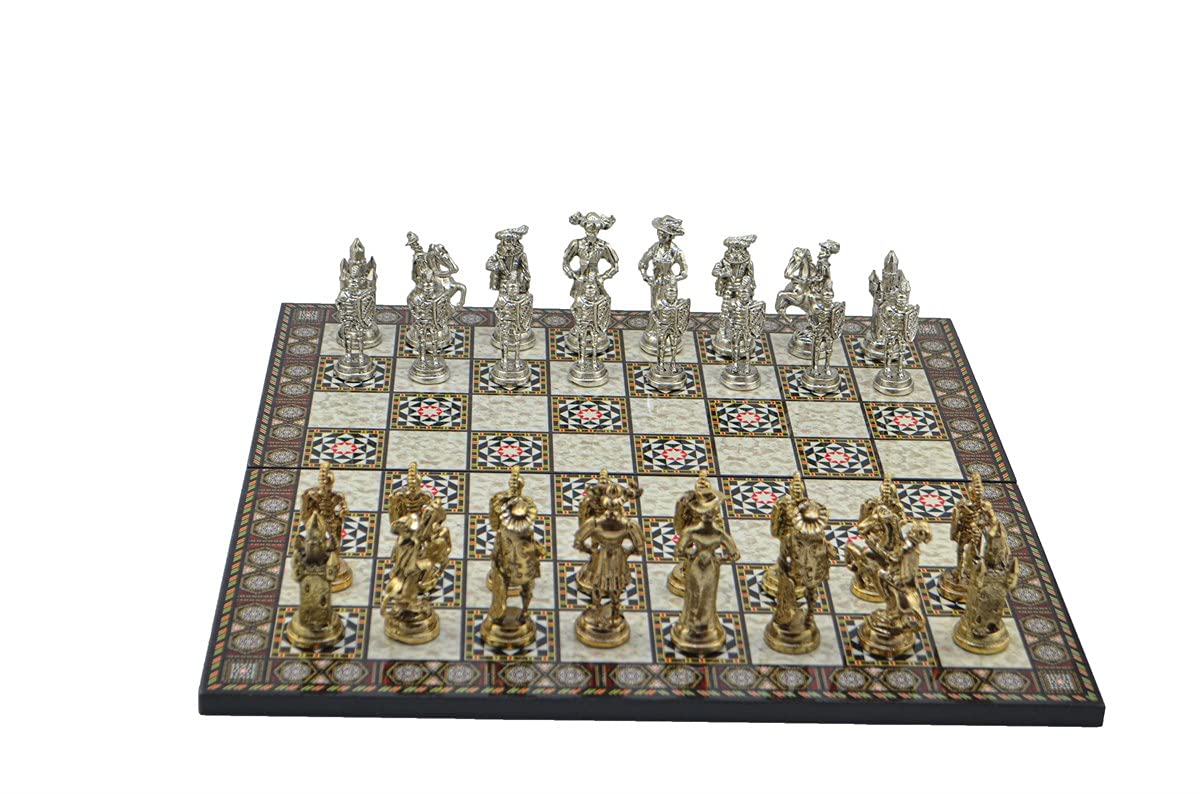 Gifthome Metal Satranç Takımı/Seti; Battal,İspanyol,Parlak, Kat.Sedef Desenli Satranç Tahtası