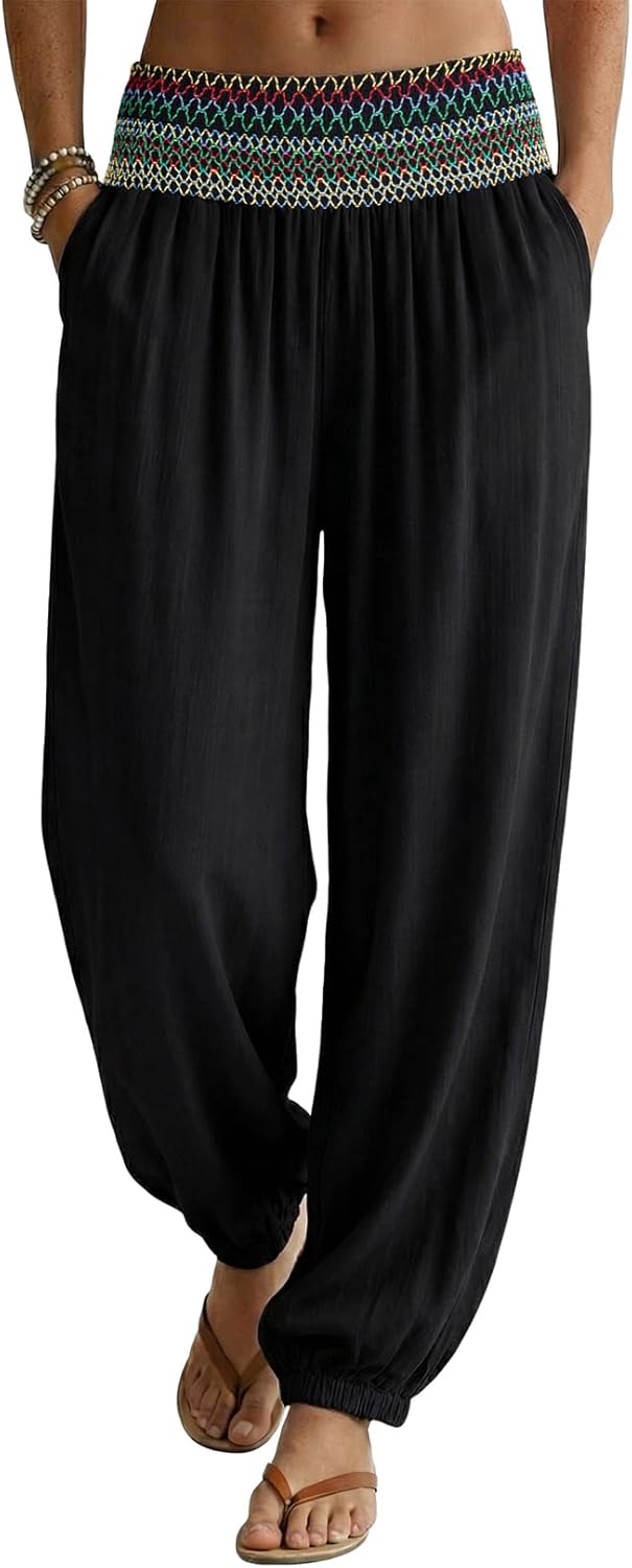 Dokotoo Beach Pants for Womens Vacation Summer Outfits Smocked Waist Harem Boho Flowy Wide Leg Hippie Pants with Pockets