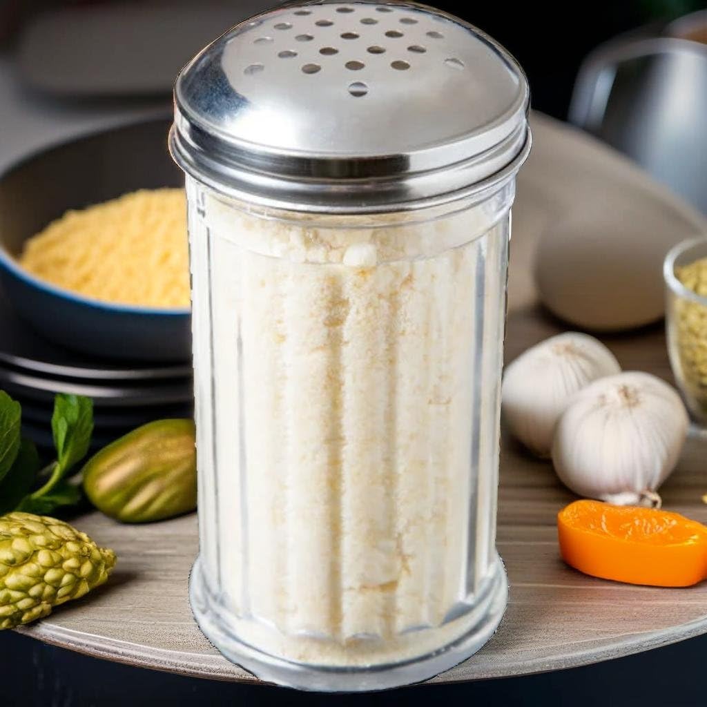 Juego de 36 cocteleras de plástico para queso parmesano de 12 onzas, con tapa de acero inoxidable con agujeros medianos, dispensador de azúcar y especias de plástico transparente (360 ml)