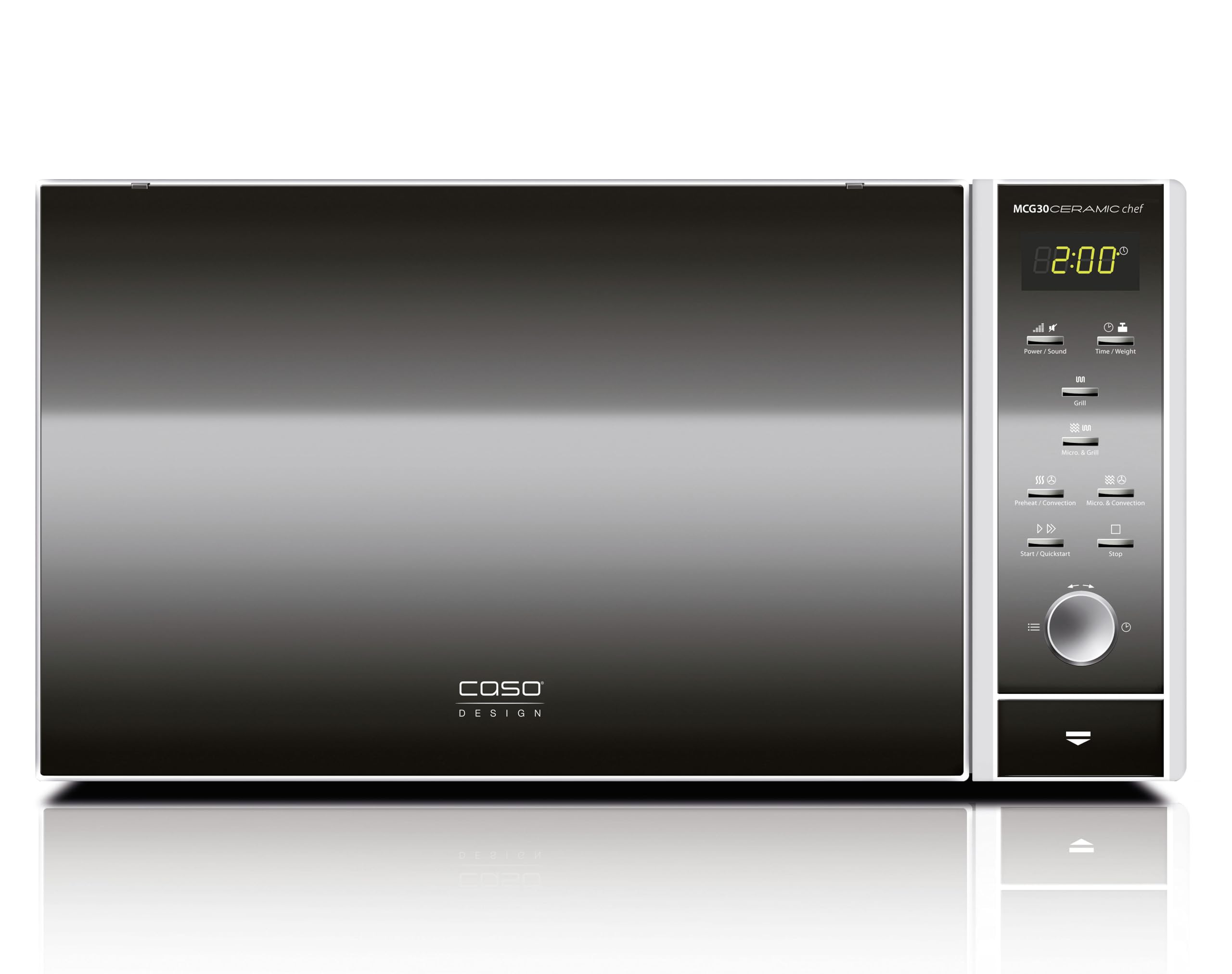 CASO MCG 30 Ceramic Chef - microondas 3 en 1 sin plato giratorio de 900W con grill de 1200W y aire caliente de 2100W - Capacidad grande de 30L - pantalla digital, frontal espejado - negro