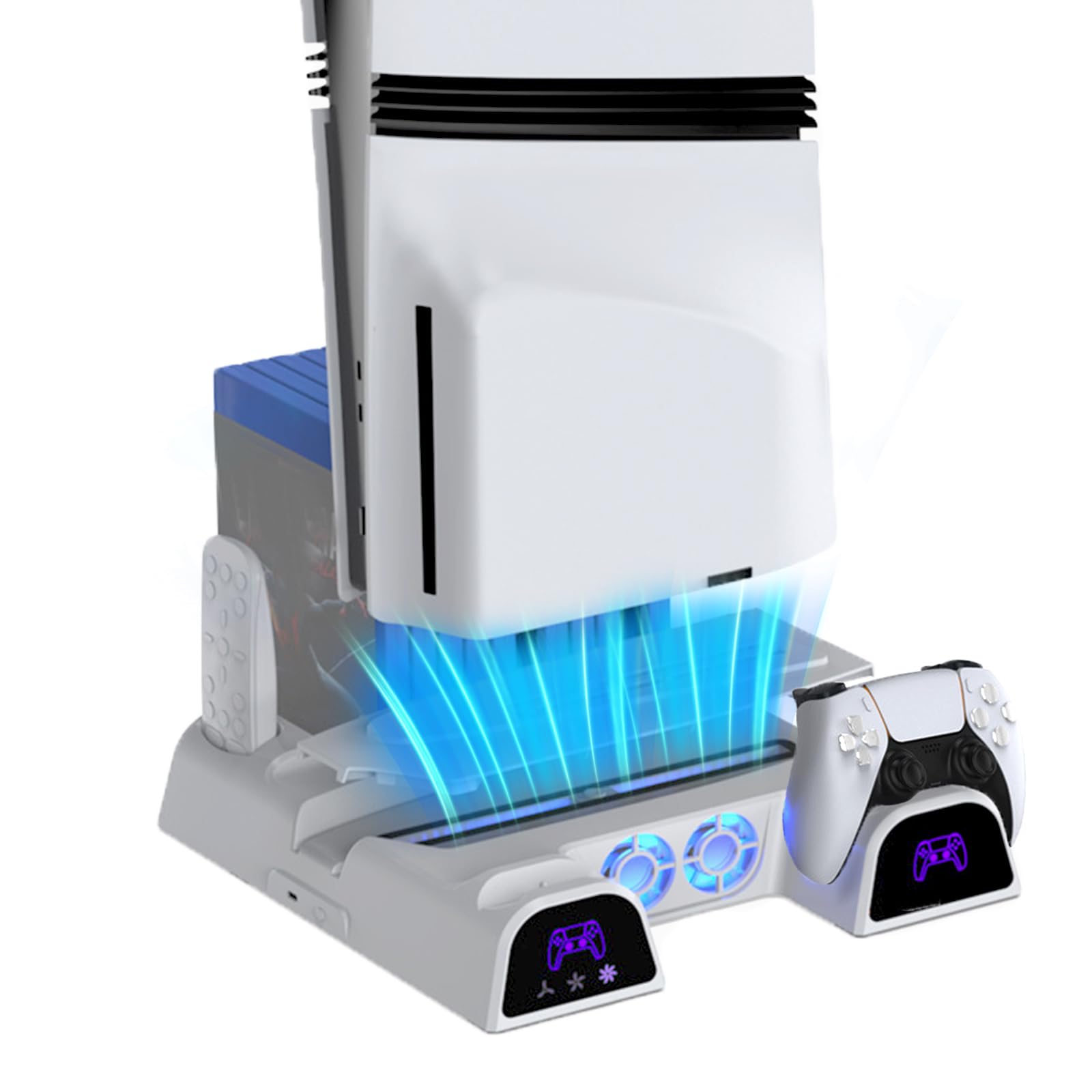Cooling Station for PS5 Slim Pro Disc Digital White Cooling Stand with Dual PS5 Controller Charging Station 3