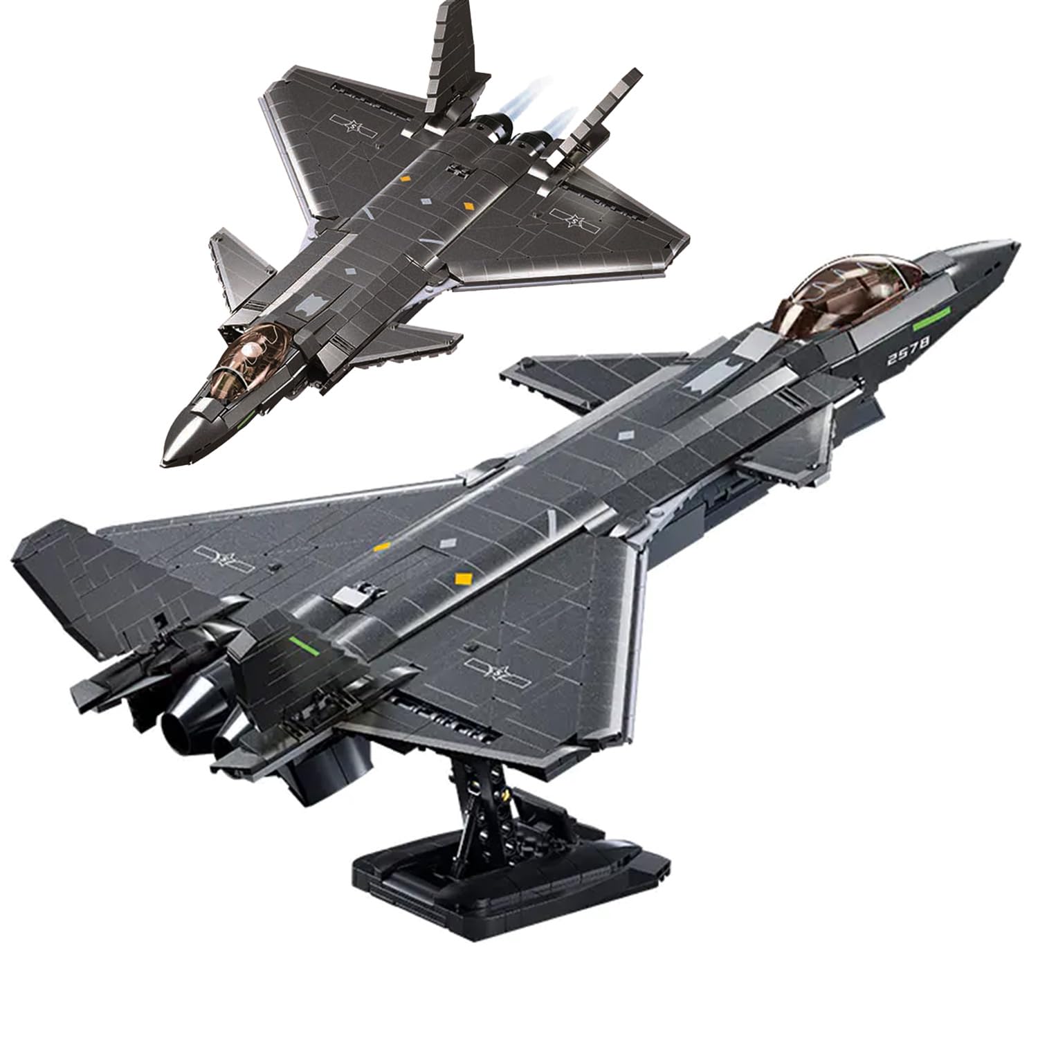Tarcury Chengdu J-20 Stealth Air Superiority Fighter Mighty Dragon Building Toy - Military Army Set with Display Stand, Includes 1 Toy Soldier - 1:44