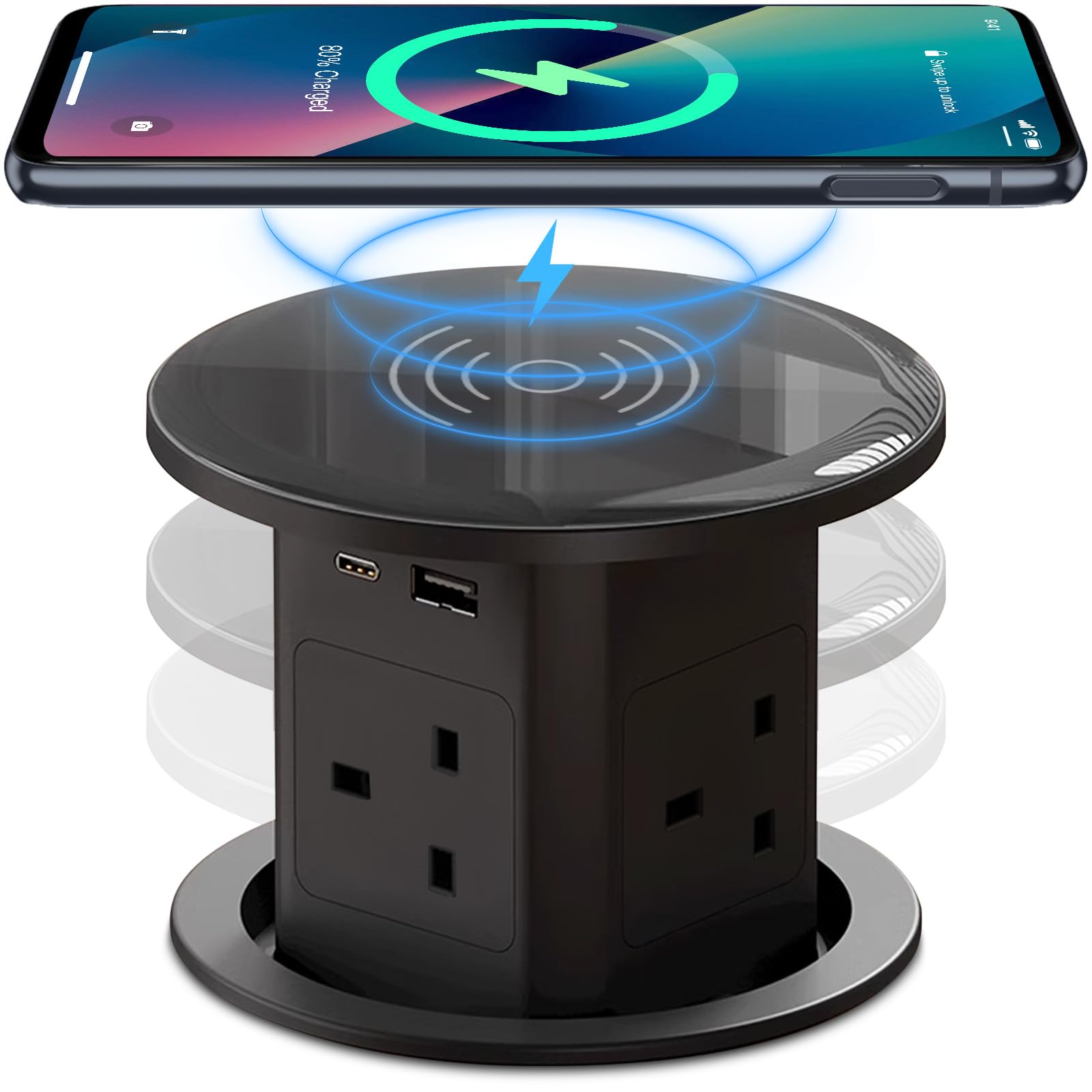 Pop Up Socket with 15W Wireless Charging - 4 AC Outlets, 1 USB Port, and 1 x 20W Type-C Port for Kitchen and Workspace, Overload Protection, Safe Power Solution [UK 13A / 110-250V / 2500W] (Black)