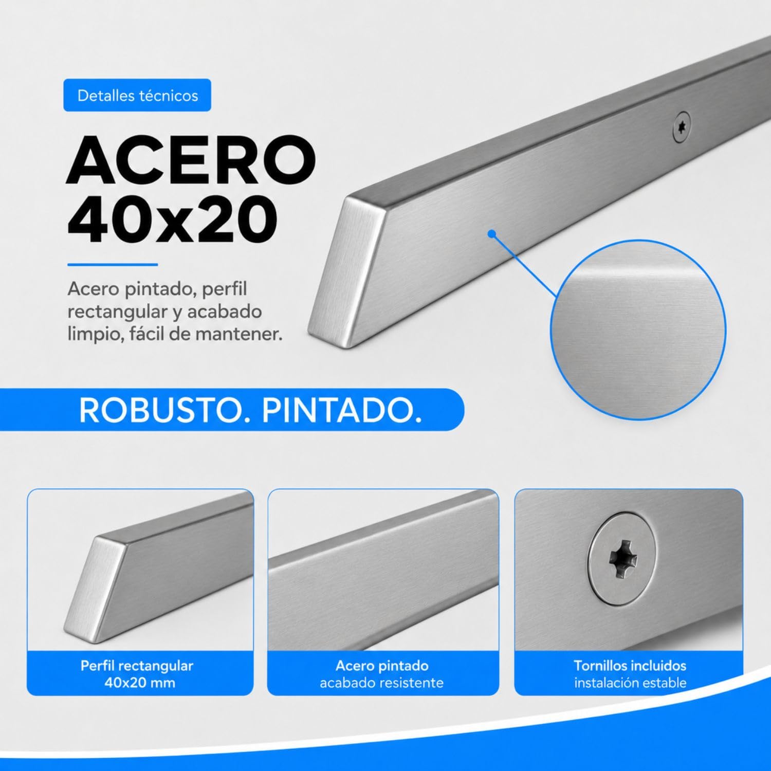 Pasamanos rectangular de acero inoxidable, 40 x 20 mm, gris