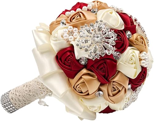 Miniatura 7 de Abbie Home Ramo de boda de novia de 8 pulgadas en color burdeos, rosas de satén blanco con perlas, broches de diamantes de imitación accesorios