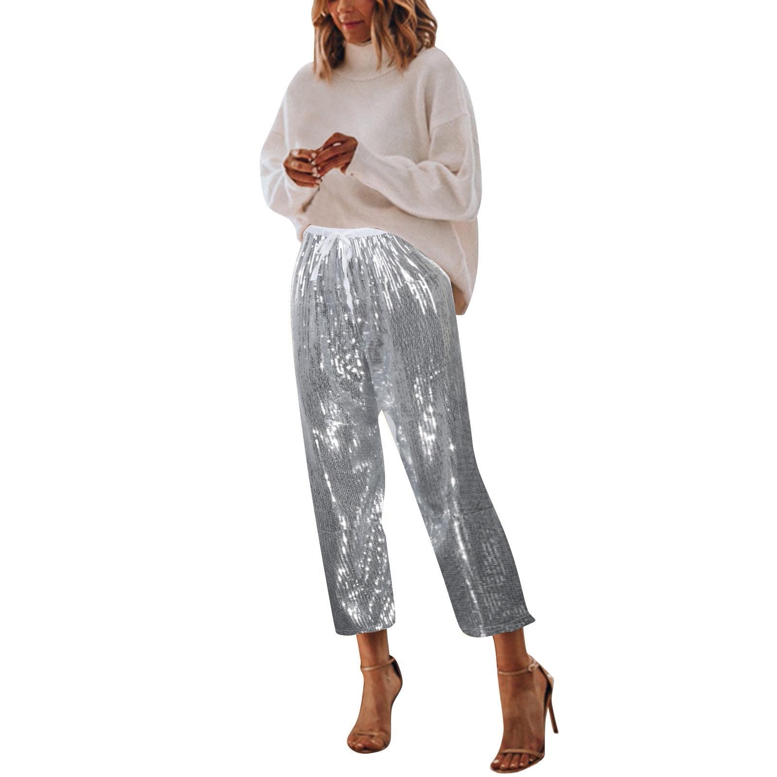 Generico Paillettes Pantaloni Pantalone A Vita Alta Zampa Casual Curvy Elegante con Completo Larghi Culotte Brillantini vestibilità Comoda Donna Pantaloncini Extra