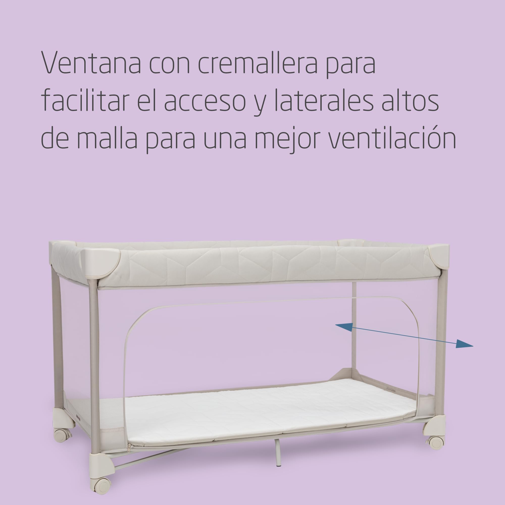Maxi-Cosi Merlin, Cuna de viaje bebe y área de juegos 2 en 1, 0-4 años, hasta 18 kg, Cuna bebé portátil, Plegado en 1 segundo, Colchón CloudCore 120x60 cm, Ventana lateral, 4 ruedas, Elegance Beige