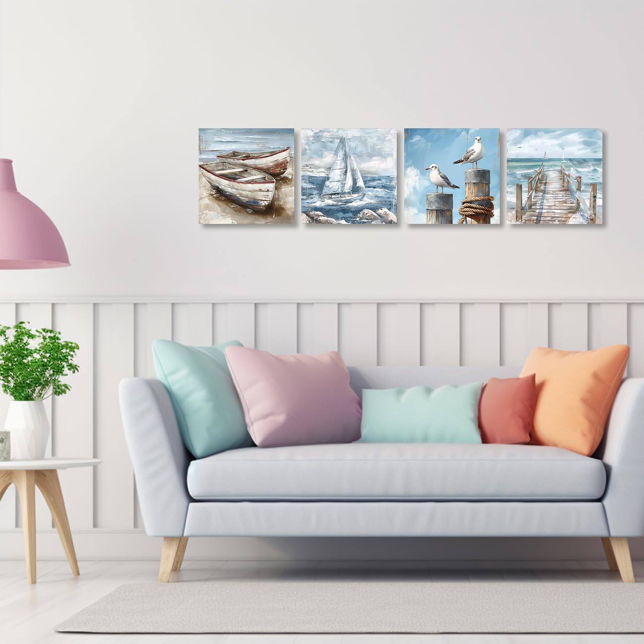 ZQQART Küsten Leinwanddrucke 4 teilig blauer Strand Leuchtturm Boot Möwe Meereslandschaft Wanddekoration (30x30cmx4)