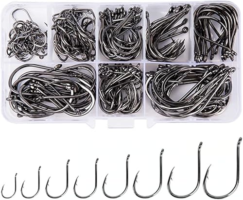FCFKUK 240 unidscaja de anzuelos premium de gran tamaño, 8 tamaños fuertes personalizados offset deporte negro alto carbono acero púas pesca ganchos