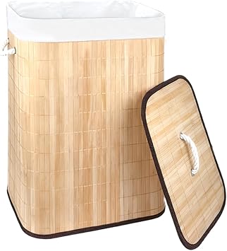 21 Gallon Bamboo Slim Trash Can with Lid,Slim Laundry Hamper,Removable and Machine Washable Liner,Foldable Slim Rectangular Laundry Basket for Laundry Room,Bedroom,Salon Spa