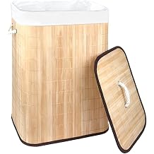 21 Gallon Bamboo Slim Trash Can with Lid,Slim Laundry Hamper,Removable and Machine Washable Liner,Foldable Slim Rectangular Laundry Basket for Laundry Room,Bedroom,Salon Spa