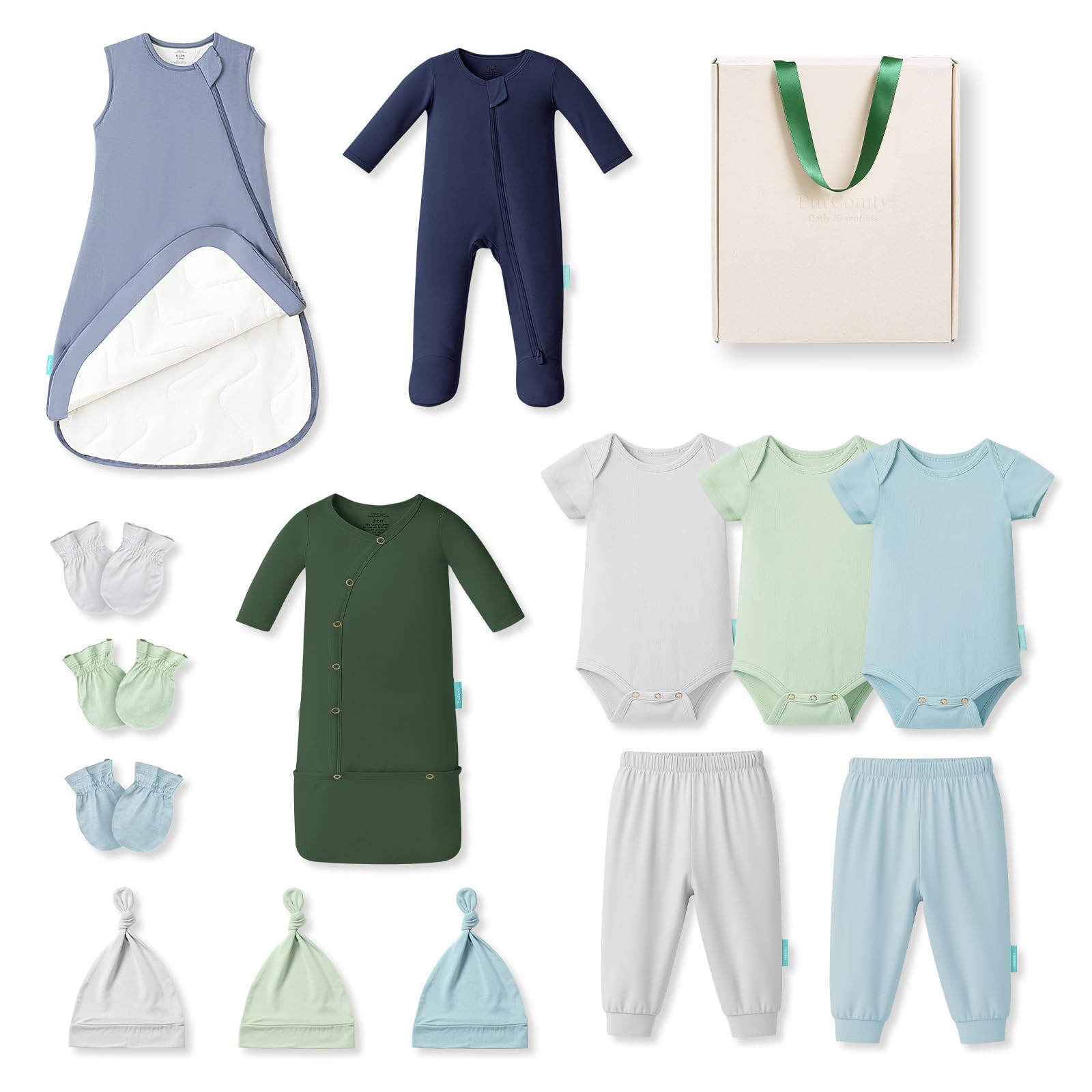PurComfy Bamboo Newborn Clothes Gift Set: 14-Piece Layette with Sleep Sack, Baby Boy Essentials — Bamboo Lover Set 3-6 Months