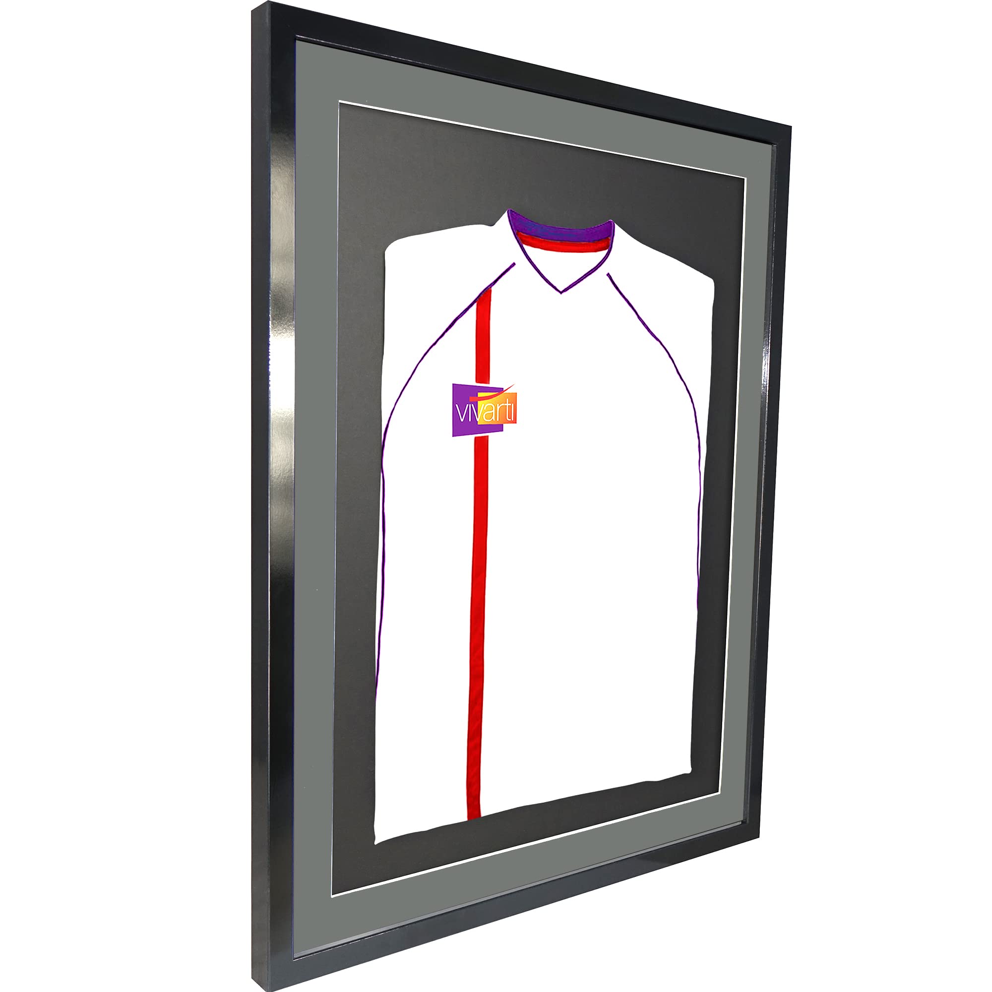 Vivarti Marco de exhibición de Camisa Deportiva montado en 3D para Camisa de fútbol, 60 x 80cm,Marco Negro Brillante, Soporte Plateado, Tarjeta Trasera Negra