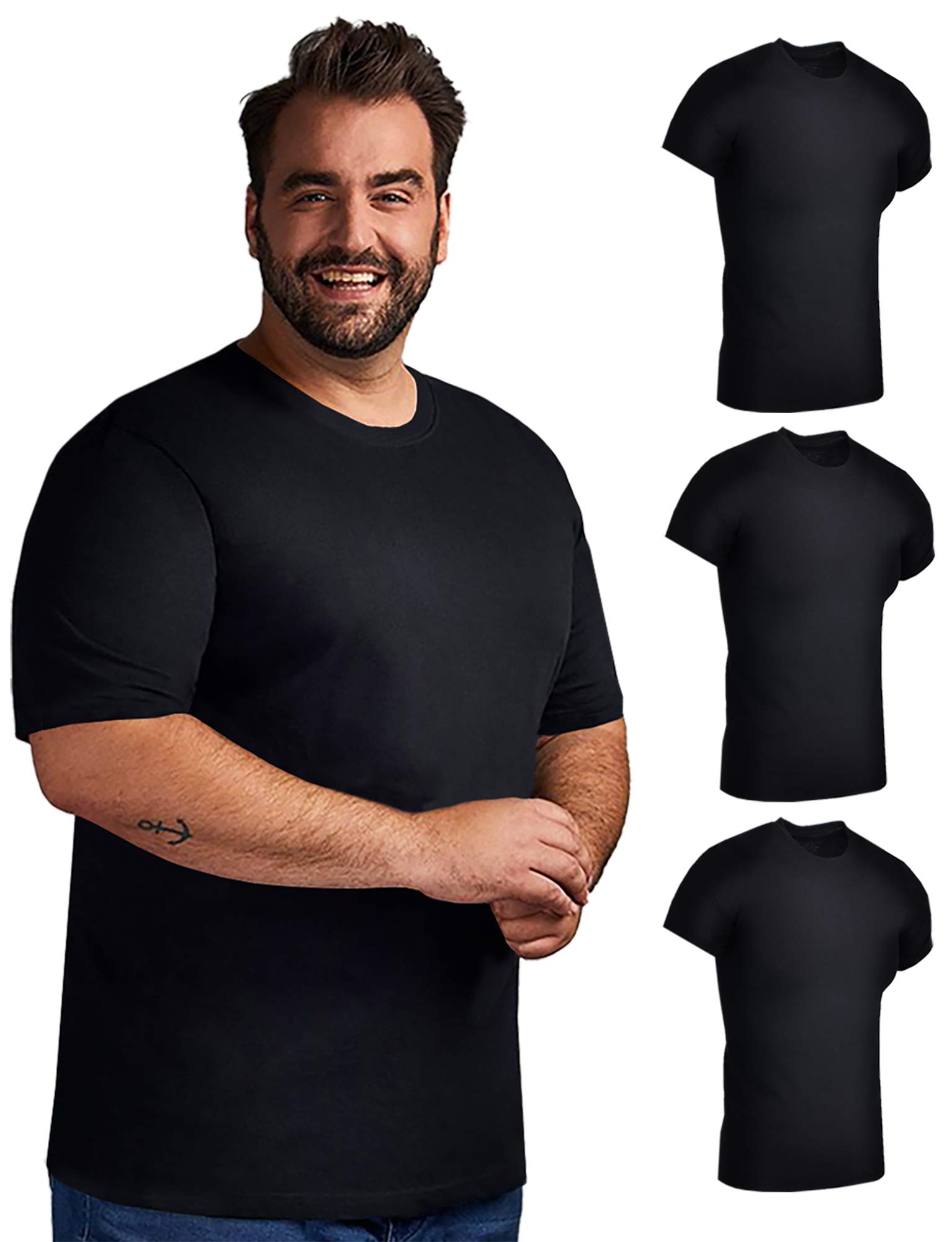 3 Pack Mens Cotton Short Sleeve Lightweight T-Shirts, Bulk Crew Tees for Guys, Black Colors Bulk Pack