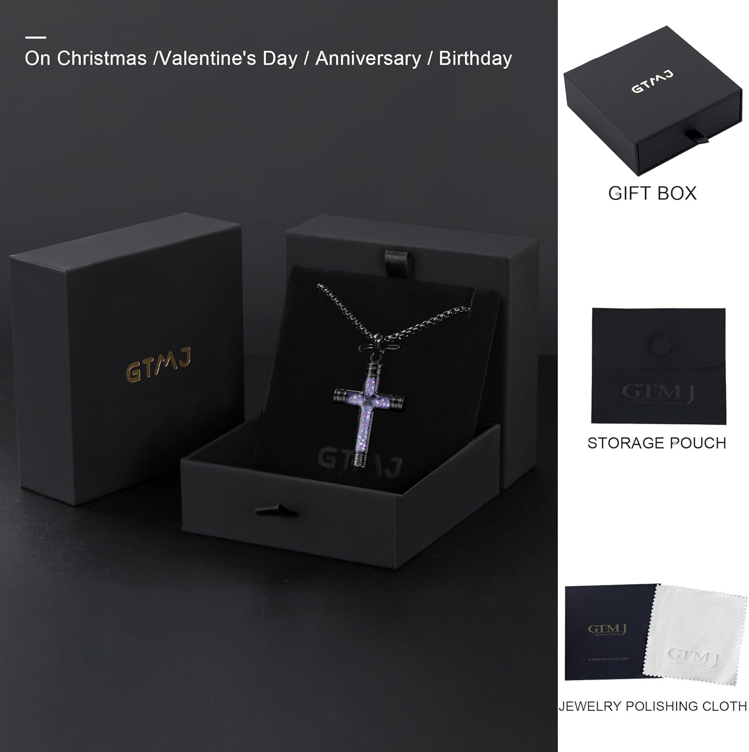 Cross Necklace for Men -Stainless Steel & Gemstone Adjustable Box Chain 24-26in, Spiritual Jewelry Gift for Him, Everyday Wear