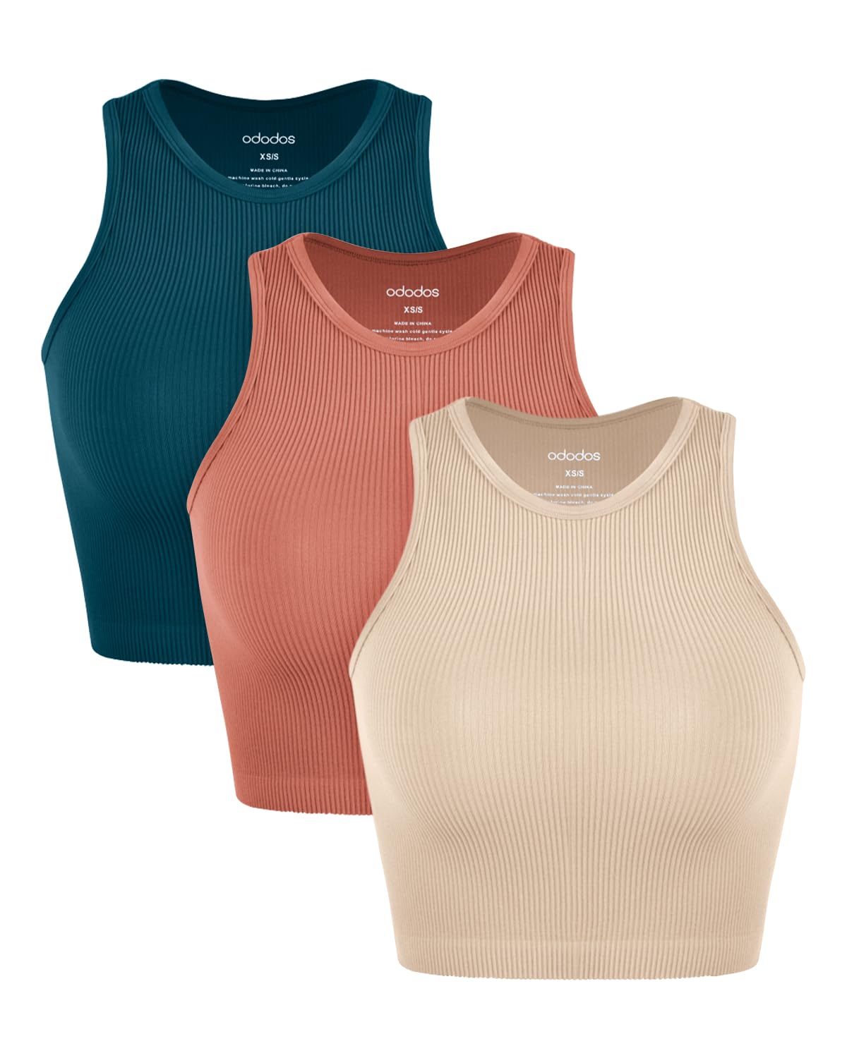 ODODOS 3-Pack Seamless Crop Tank for Women Ribbed Soft High Neck Cropped Tops