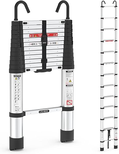 LUISLADDERS - Escalera telescópica de aluminio de 12.5 pies, retroceso de un botón con ganchos, capacidad máxima de 330 libras, escalera plegable