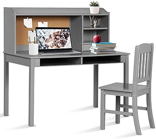Costzon Kids Desk and Chair Set, Children Study Writing Desk w/Chair, Hutch, Storage, Drawers, Shelves, Cork Bulletin Board, Student Wooden Computer Workstation for Bedroom, Study, Living Room (Gray)