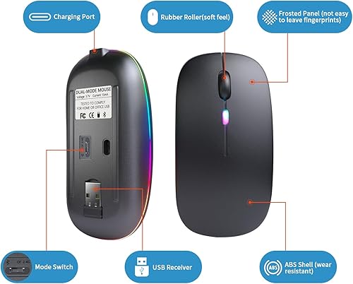 Miniatura 5 de Mouse inalámbrico Bluetooth, recargable, LED, silencioso y diseño ultrafino (receptor USB Bluetooth 5.2 y 2.4 GHz)  Mouse portátil para computadora